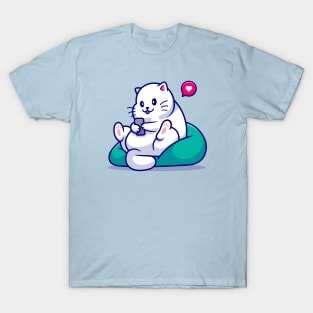 Cute Cat Sitting Playing Phone Cartoon T-Shirt